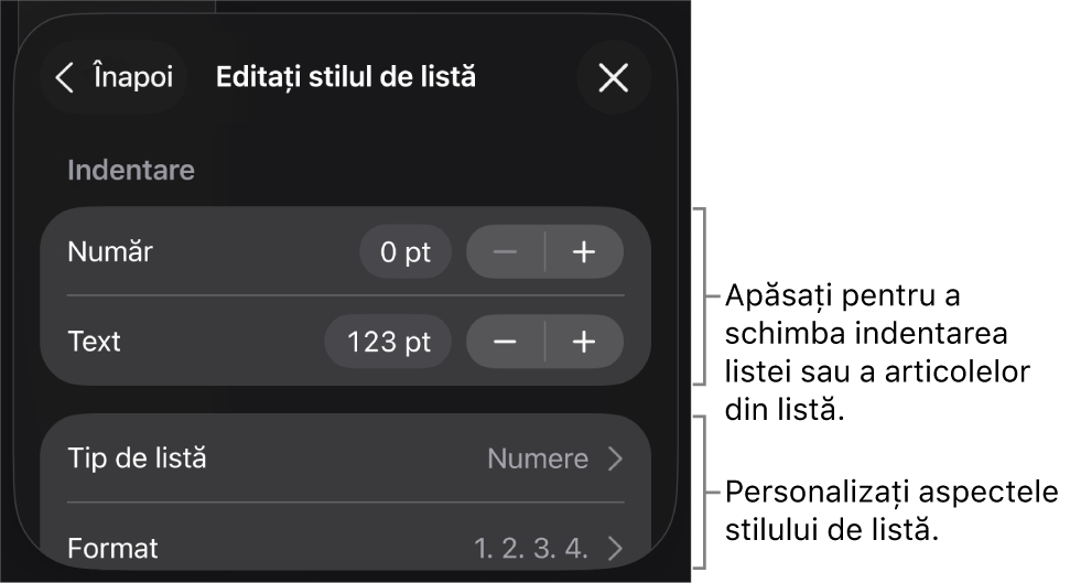 Meniul de editare a stilului de listă cu comenzile pentru editarea tipului și aspectului listei.