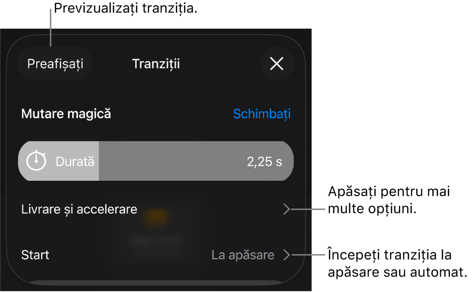 Comenzi Mutare magică în panoul Tranziții.