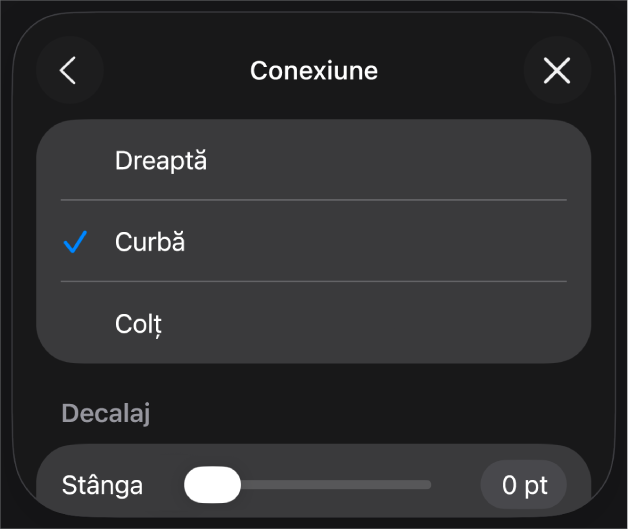 Comenzile Conexiune cu opțiunea Curbă selectată.