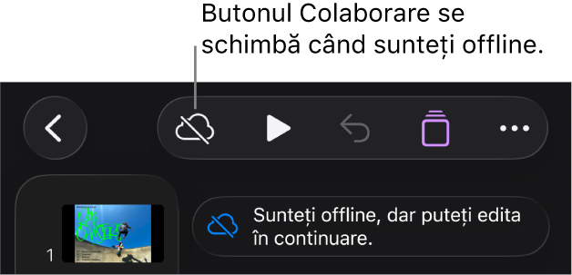 Butoanele din partea de sus a ecranului, cu butonul Colaborare transformat într-un nor traversat de o linie diagonală. Pe ecran apare o alertă „Sunteți offline, dar puteți edita în continuare”.