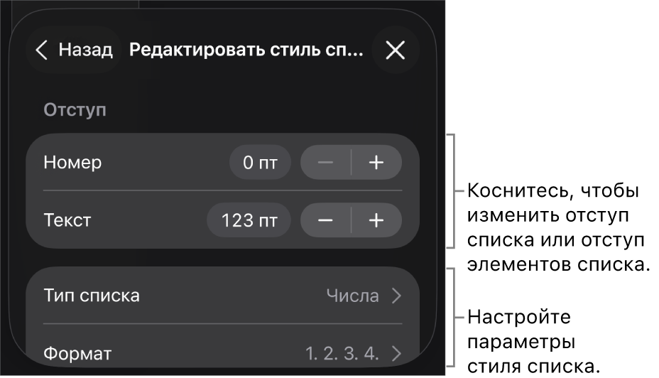 В меню редактирования стиля списка показаны элементы управления для изменения типа и внешнего вида списка.