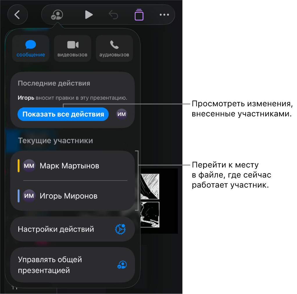 В меню совместной работы показаны активные участники.