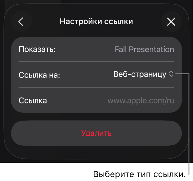Элементы управления «Настройки ссылки»; выбран элемент «Веб-страница». В нижней части экрана показана кнопка «Удалить».