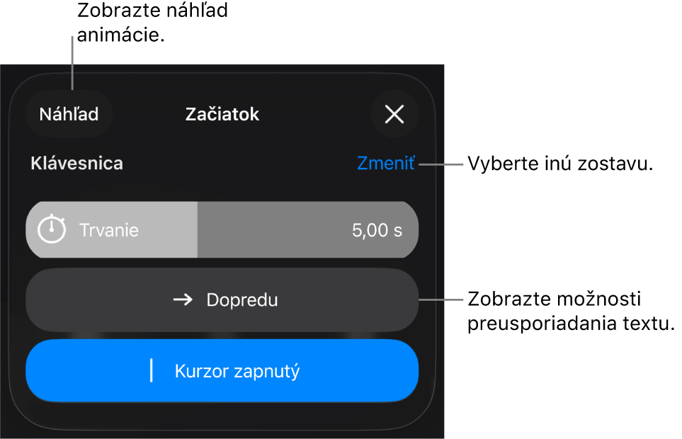 Možnosti začiatku zahŕňajú trvanie, animáciu textu a doručenie. Ak chcete vybrať inú zostavu, klepnite na Zmeniť. Klepnutím na Náhľad zobrazíte náhľad zostavy.