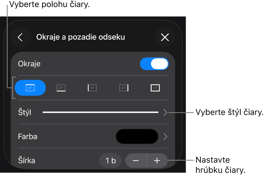 Ovládacie prvky na zmenu štýlu, hrúbky, polohy a farby čiary.
