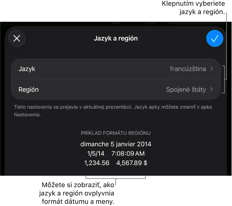 Panel Jazyk a región s ovládacími prvkami pre jazyk a región a príklad formátu dátumu, času, desatinného znaku a meny.