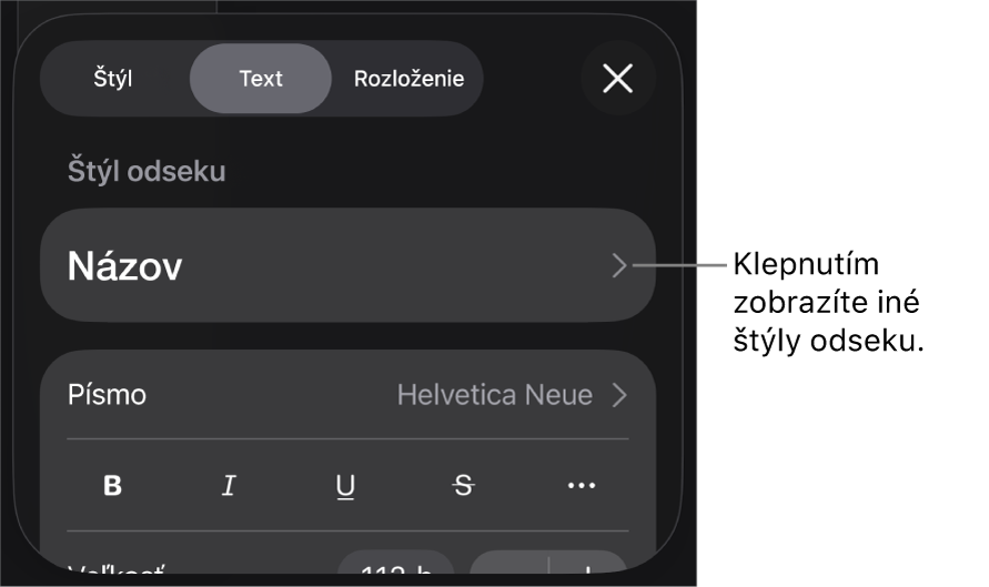 Menu Formát zobrazujúce ovládacie prvky pre nastavenie štýlov odseku a znakov, písma, veľkosti a farby.