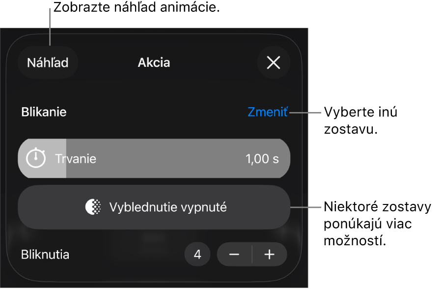 Možnosti zostavy zahŕňajú trvanie a časovanie začiatku. Ak chcete vybrať inú zostavu, klepnite na Zmeniť. Klepnutím na Náhľad zobrazíte náhľad zostavy.