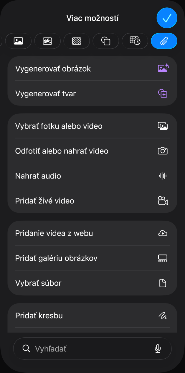Menu Médiá zobrazuje tlačidlá na pridanie a nahrávanie rôznych mediálnych objektov.