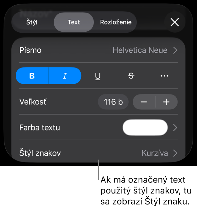 Ovládacie prvky Text s položkou Štýl znakov pod ovládacími prvkami Farba. Štýl znakov Žiadne sa zobrazuje s hviezdičkou.