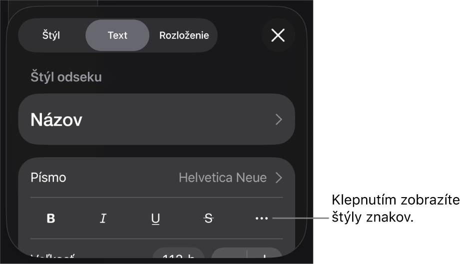 Ovládacie prvky Formát so štýlmi odseku v hornej časti, ako aj ovládacie prvky Písmo. Pod Písmom sú tlačidlá Tučné, Kurzíva, Prečiarknutie a Viac možností textu.