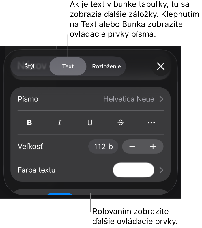 Ovládacie prvky textu v menu Formát pre nastavenie štýlov, písma, veľkosti a farby odsekov a znakov.