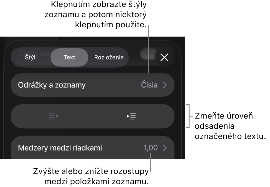 Sekcia Odrážky a zoznamy ovládacích prvkov Formát s bublinami popisujúcimi položku Odrážky a zoznamy, tlačidlami odsadenia a ovládacími prvkami na nastavenie medzery medzi riadkami.