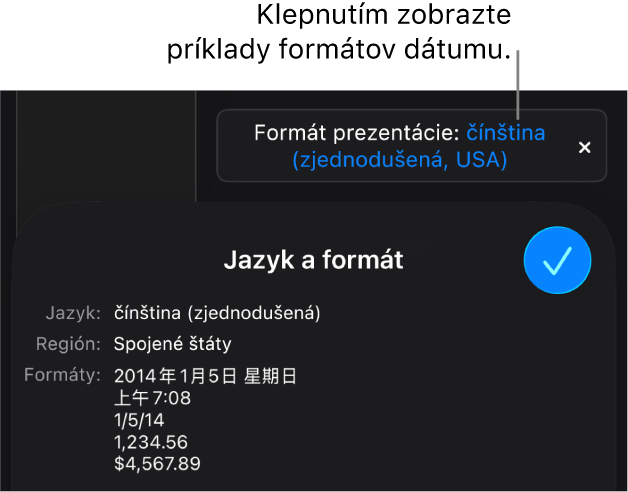 Hlásenie o inom jazyku a nastavení regiónu zobrazujúce príklady formátovania v danom jazyku a regióne.