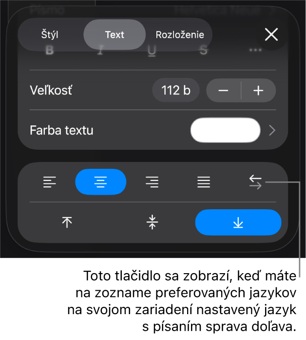 Ovládacie prvky v menu Formát s bublinou pre tlačidlo Sprava doľava.