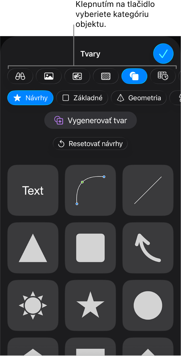 Ovládacie prvky na pridávanie objektu s tlačidlami v hornej časti na výber tabuliek, grafov, tvarov (vrátane čiar a textových polí) a médií.