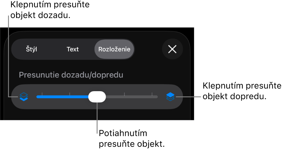 Tlačidlo Presunúť dozadu, tlačidlo Presunúť dopredu a posuvník vrstiev.