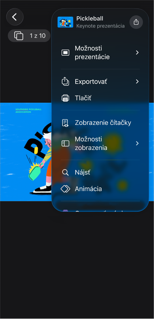 Apka Keynote s otvorenými možnosťami exportu v menu Viac na paneli s nástrojmi.