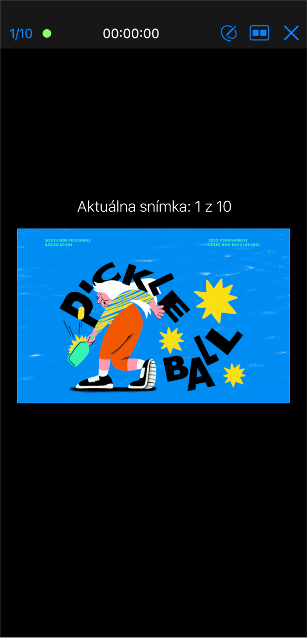 Apka Keynote so zobrazením prezentátora. V strede obrazovky sa zobrazuje aktuálna snímka. Navrchu obrazovky sa zobrazuje panel s nástrojmi s počítadlom snímok naľavo, časom v strede a tlačidlami Kresliť, Rozloženie a Ukončiť naľavo.