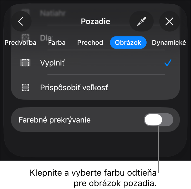 Ovládacie prvky pozadia s obrázkom nastaveným ako pozadie snímky a ovládačom Farebné prekrývanie v spodnej časti.