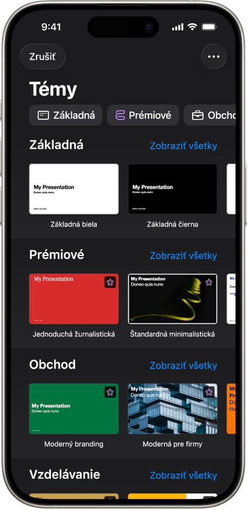 Výber tém zobrazujúci v hornej časti riadok kategórií, na ktoré môžete klepnúť a filtrovať tak možnosti. Nižšie sú miniatúry preddefinovaných tém usporiadané do riadkov podľa kategórií.
