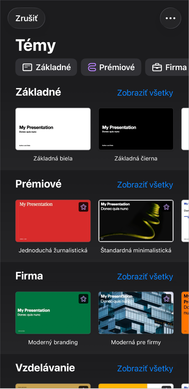 Výber tém zobrazujúci v hornej časti riadok kategórií, na ktoré môžete klepnúť a filtrovať tak možnosti. Nižšie sú miniatúry preddefinovaných tém usporiadané do riadkov podľa kategórií.