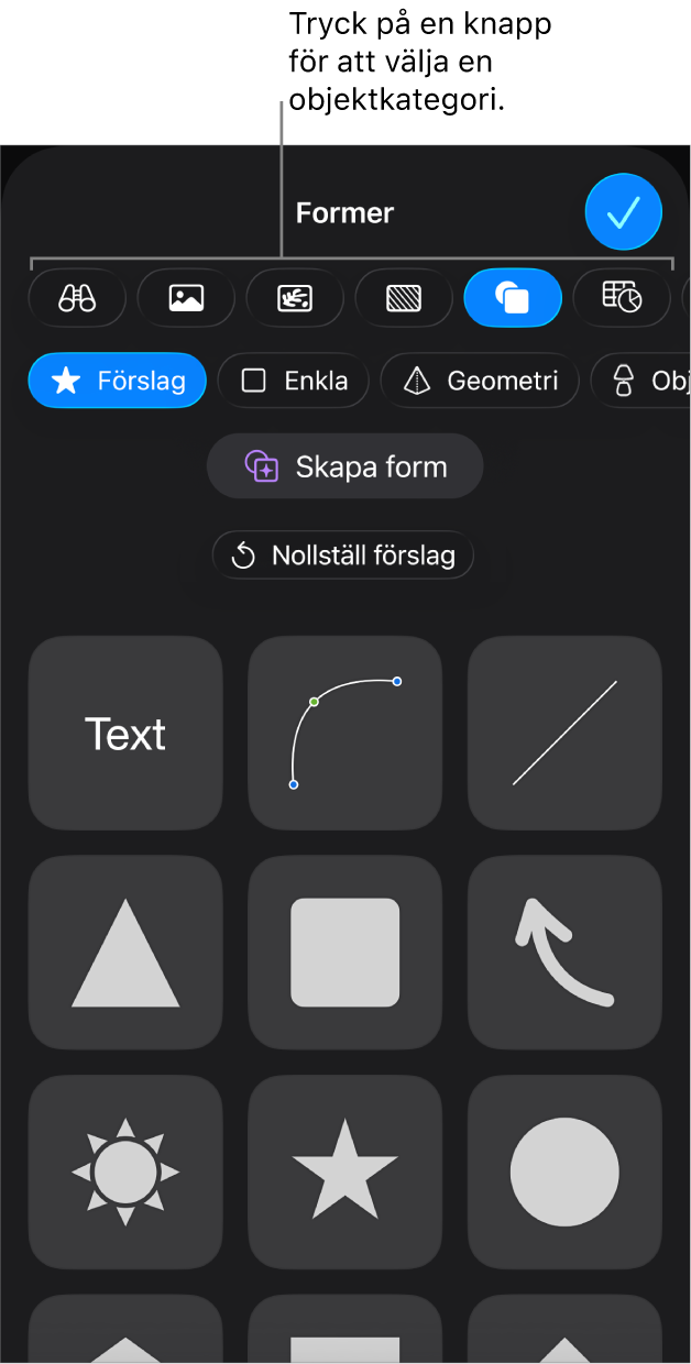 Reglagen för att lägga till ett objekt, med knappar överst för att välja tabeller, diagram, former (inklusive linjer och textrutor) och medier.