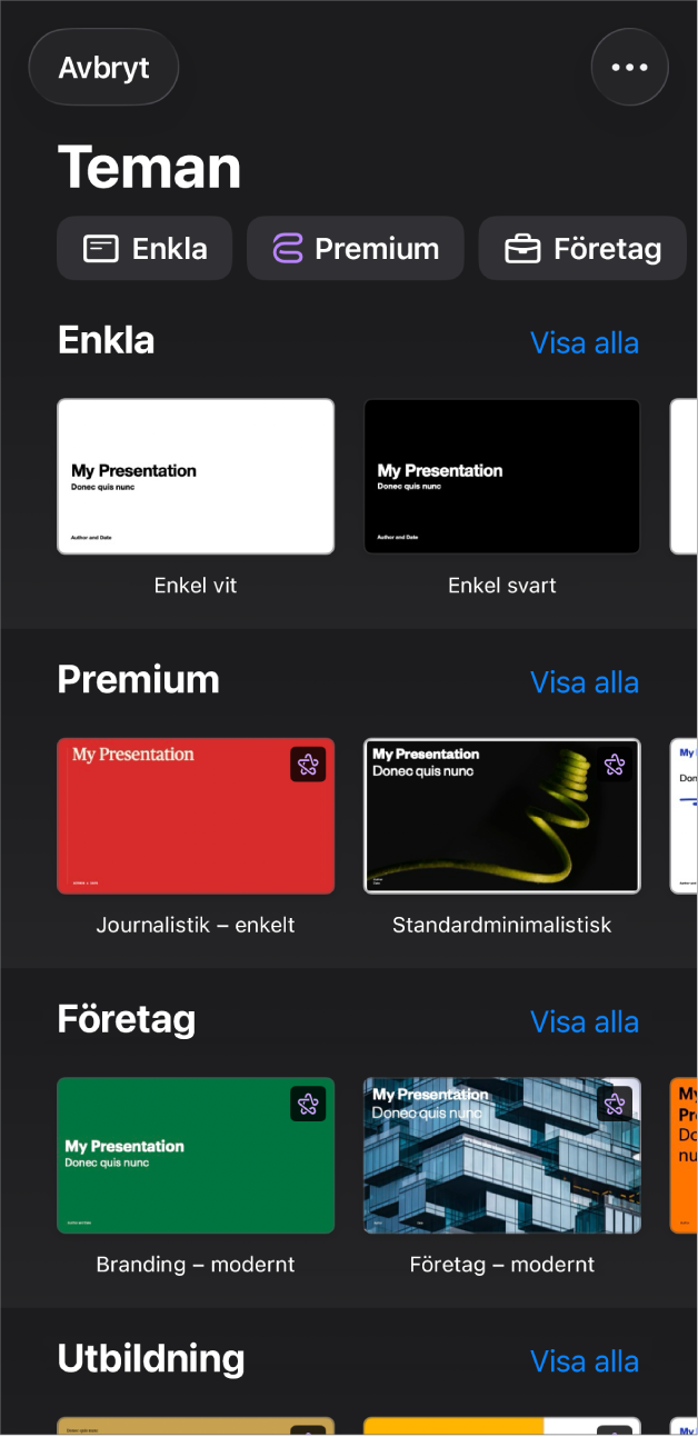 Längs överkanten i temaväljaren visas en rad med kategorier som du kan trycka på om du vill filtrera alternativen. Nedanför finns miniatyrer med fördesignade teman som är arrangerade i rader efter kategori.