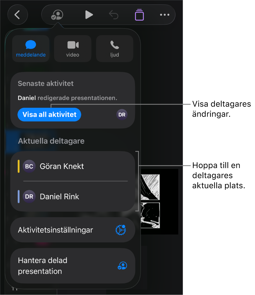 Samarbetsmenyn med aktuella deltagare listade.