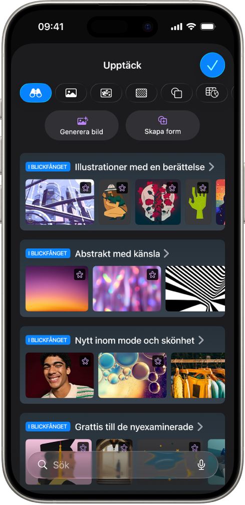 Kategorin Upptäck i innehållshubben visar alternativ för att skapa en bild eller lägga till premiumbilder på en diabild.