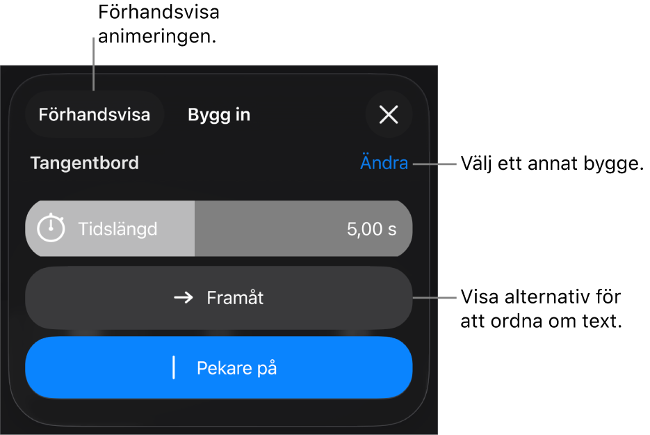Du kan ange bygg in-alternativ som tidslängd, textanimering och textleverans. Tryck på Ändra om du vill välja ett annat bygge, eller tryck på Förhandsvisa om du vill förhandsvisa bygget.