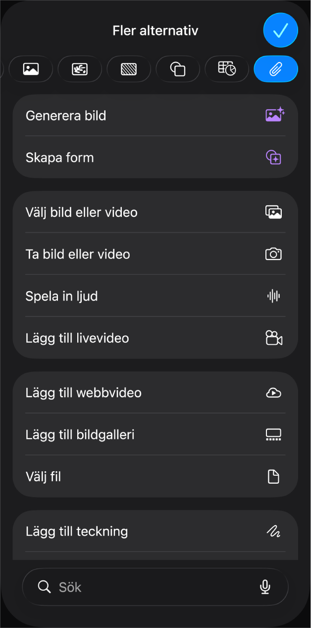 Medier-menyn visar knappar för att lägga till och spela in olika medieobjekt.