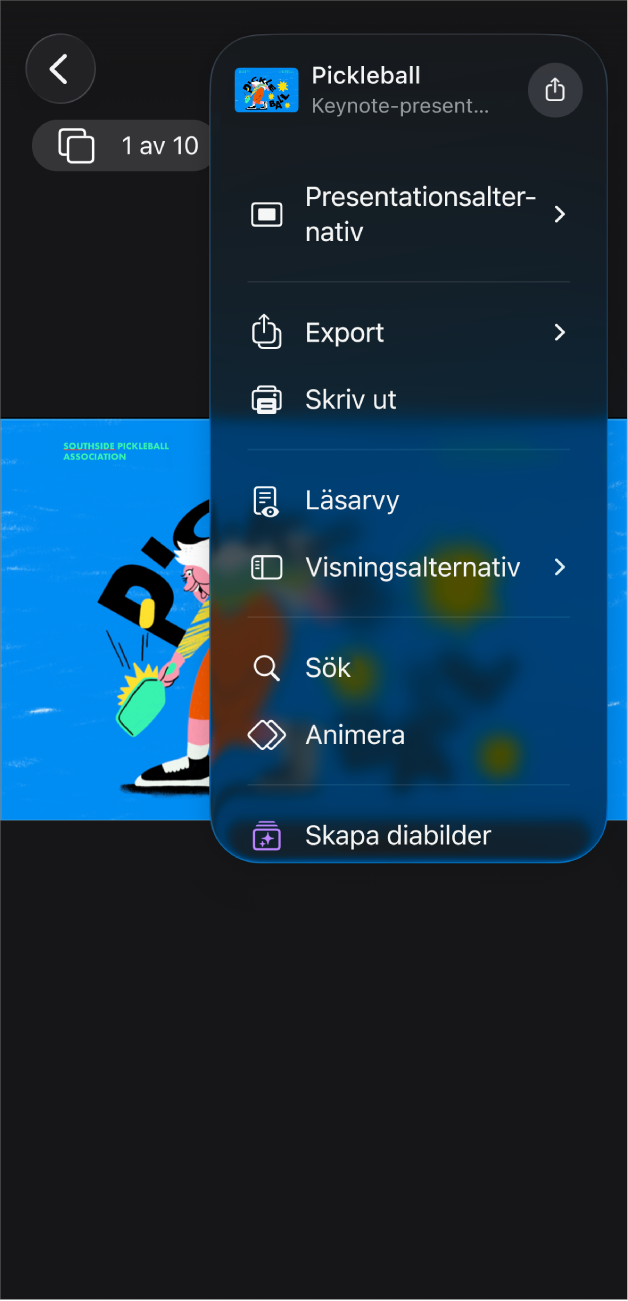 Keynote-appen med exportalternativen öppna i mermenyn i verktygsfältet.