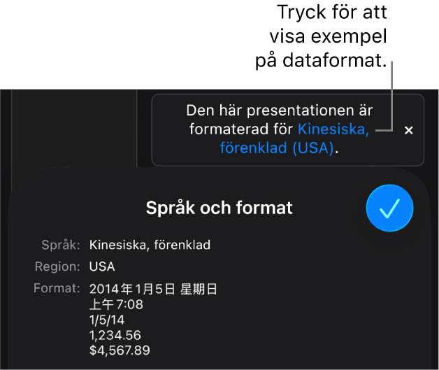 Meddelandet om olika språk- och regioninställningar samt exempel på formatering för det andra språket och den andra regionen.