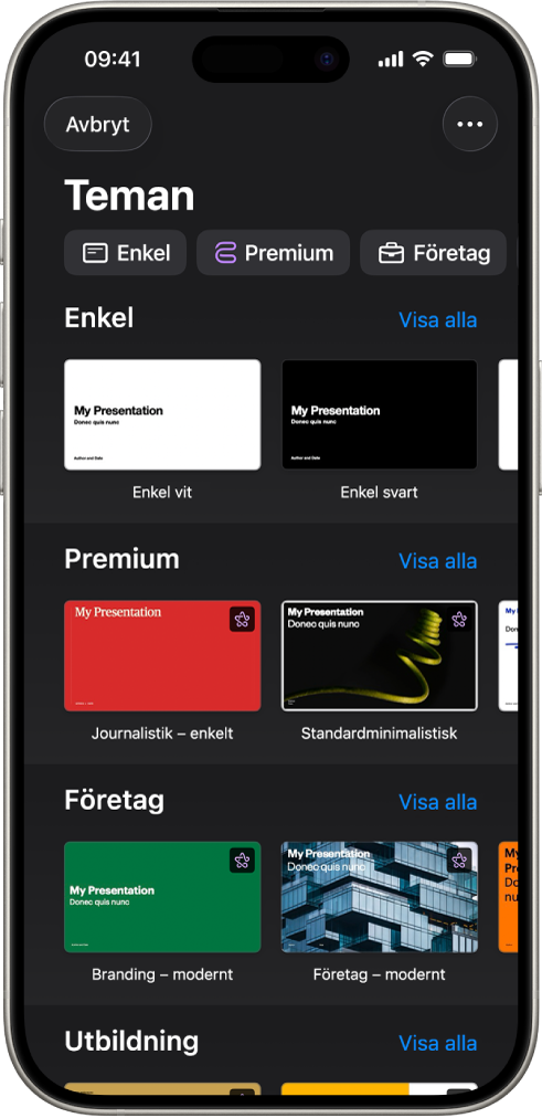Längs överkanten i temaväljaren visas en rad med kategorier som du kan trycka på om du vill filtrera alternativen. Nedanför finns miniatyrer med fördesignade teman som är arrangerade i rader efter kategori.