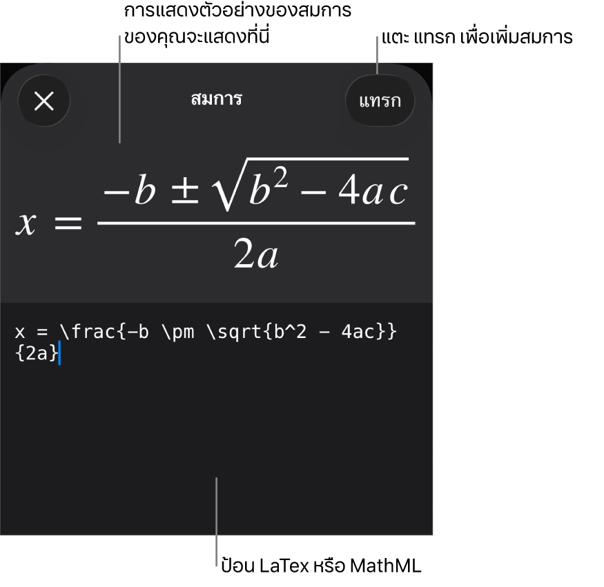 หน้าต่างโต้ตอบสมการ ที่แสดงสมการที่เขียนโดยใช้คำสั่ง MathML และการแสดงตัวอย่างของสูตรด้านบน