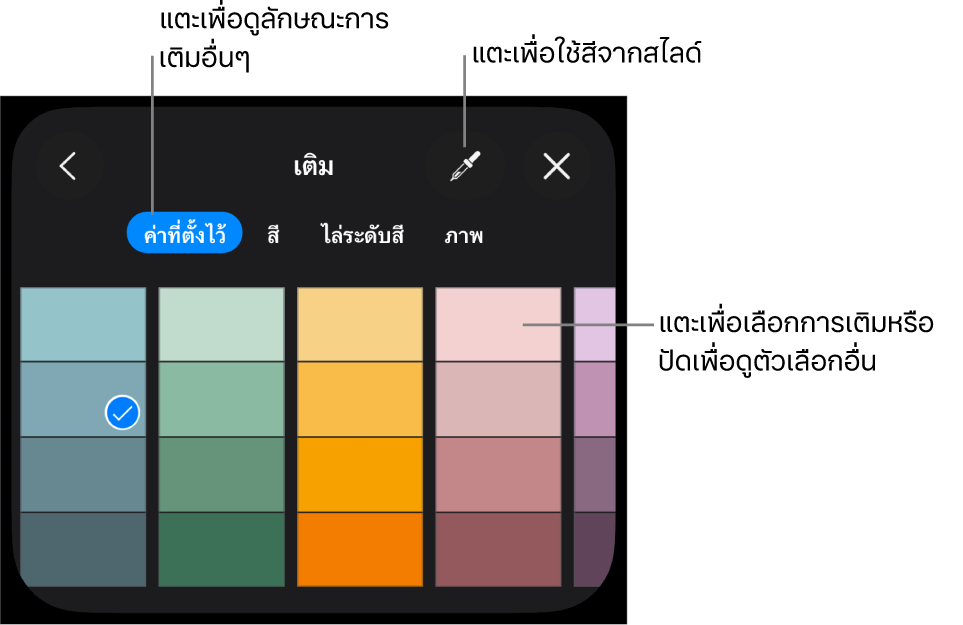 ตัวเลือกการเติมในแถบลักษณะ