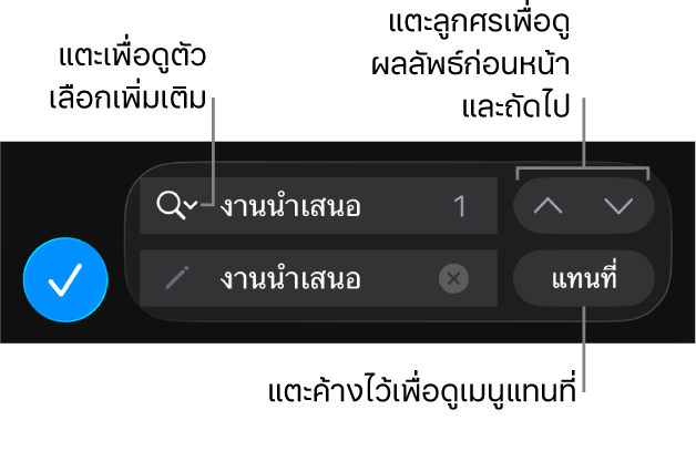 ตัวควบคุมค้นหาและแทนที่ด้านบนแป้นพิมพ์พร้อมปุ่มแทนที่ ขึ้น และลง และลูกศรเพื่อแตะสำหรับตัวเลือกการค้นหา