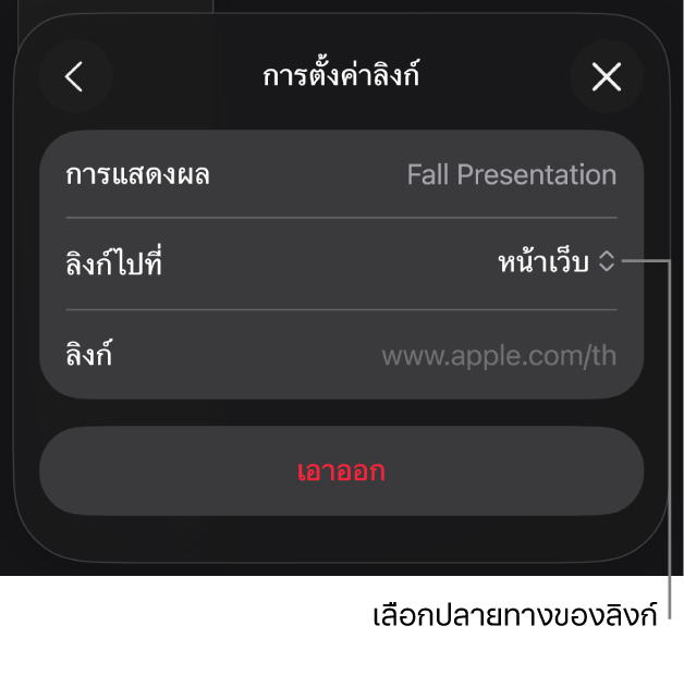 ตัวควบคุมการตั้งค่าลิงก์ที่มีหน้าเว็บถูกเลือกอยู่ และปุ่มเอาออกที่ด้านล่างสุด