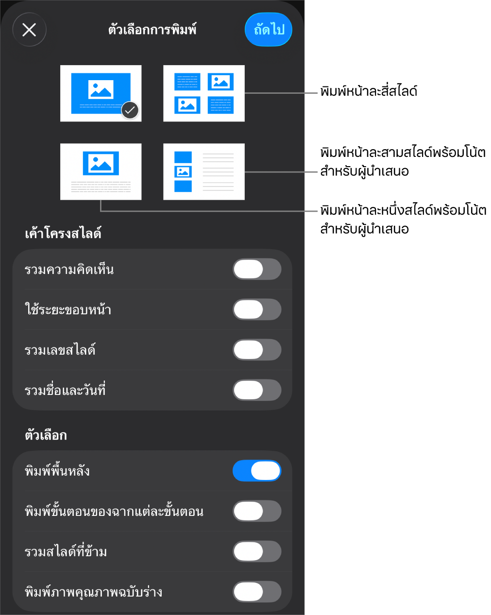 ตัวเลือกเค้าโครงการพิมพ์