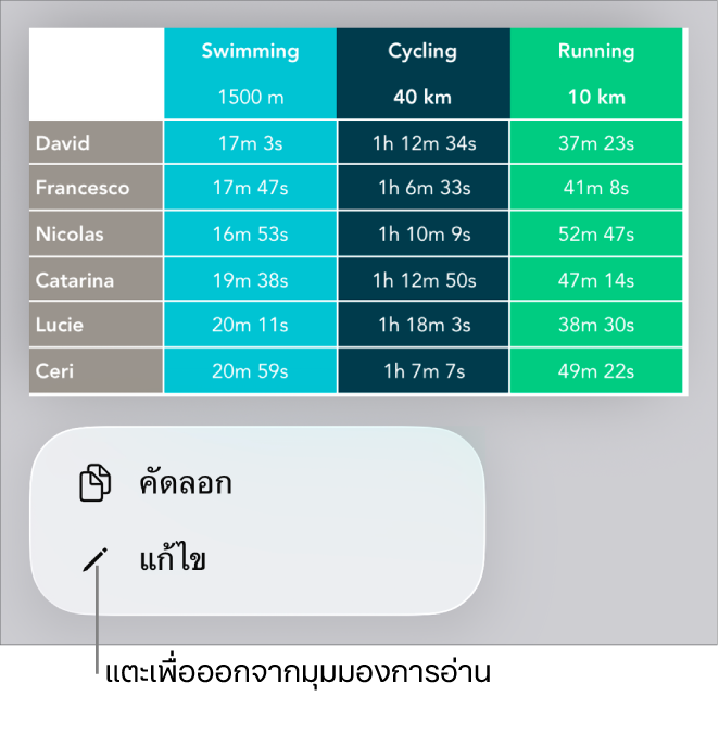 ตารางถูกเลือกอยู่ และด้านล่างเป็นเมนูที่มีปุ่มคัดลอกและปุ่มแก้ไข
