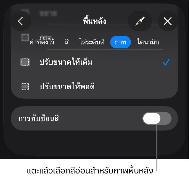 ตัวควบคุมพื้นหลัง โดยที่ภาพถูกตั้งค่าเป็นพื้นหลังของสไลด์ และตัวควบคุมการทับซ้อนสีอยู่ด้านล่างสุด