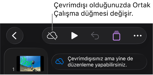 Ekranın en üstündeki düğmeler; Ortak Çalışma düğmesi, üzerinde çapraz bir çizgi olan bir buluta değişmiş. Ekrandaki bir uyarı “Çevrimdışısınız ama yine de düzenleyebilirsiniz” der.
