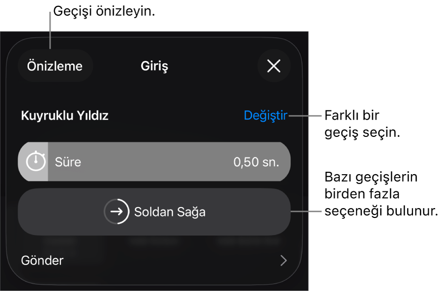 Geçişleri değiştirmek için Seçenekler bölümündeki denetimler.
