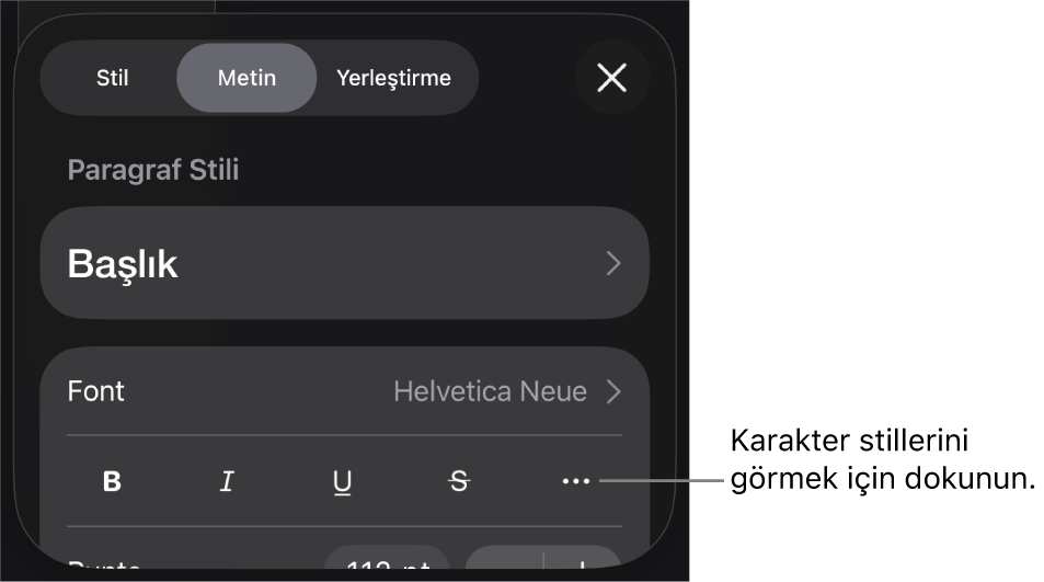En üstteki paragraf stilleri ile Biçim denetimleri, ardından Font denetimleri. Font’un altında Kalın, İtalik, Altı Çizgili, Üstü Çizgili ve Daha Fazla Metin Seçeneği düğmeleri bulunur.
