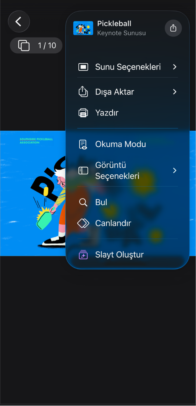Keynote uygulamasında, araç çubuğundaki Daha Fazlası menüsünde Dışa Aktarma seçenekleri açık.