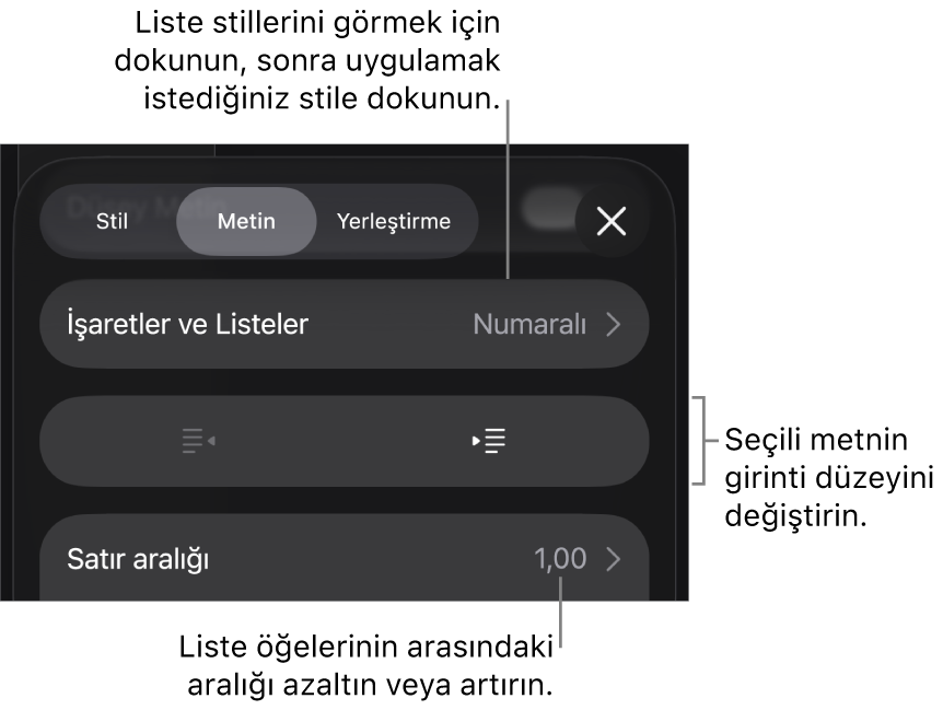 Madde İşaretleri ve Listeler, çıkıntı ve girinti düğmeleri ve de satır aralığı denetimlerini gösteren belirtme çizgileri ile Biçim denetimlerinin Madde İşaretleri ve Listeler bölümü.