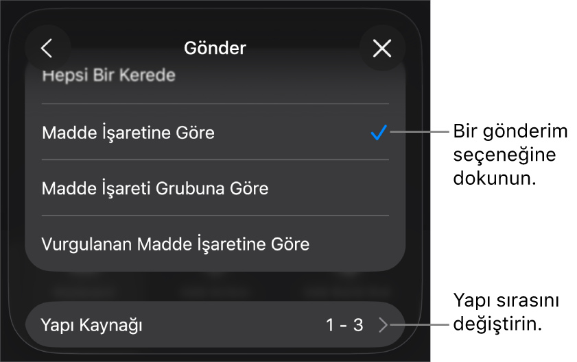 İçeride Oluştur bölmesindeki gönderim seçenekleri.