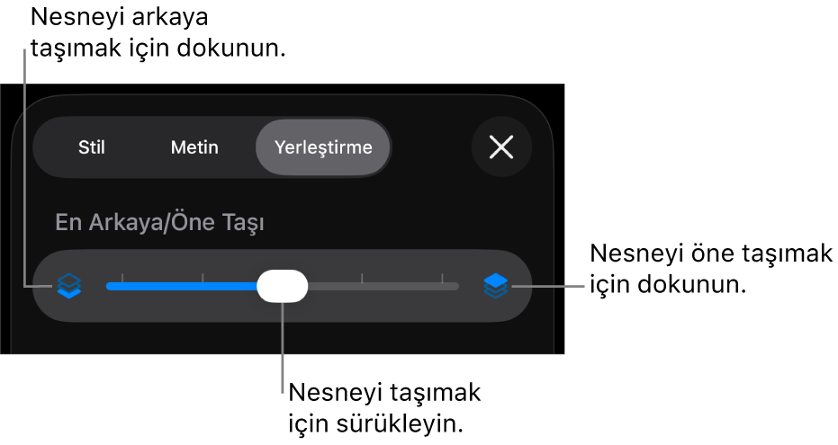Geri Taşıma düğmesi, İleri Taşıma düğmesi ve katmanlama sürgüsü.
