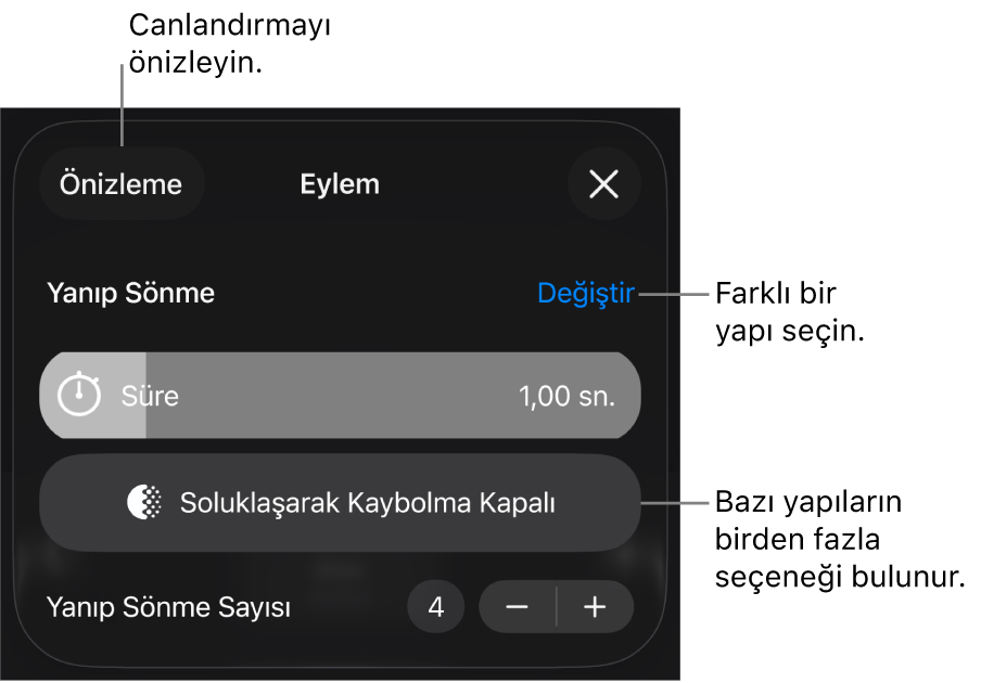 Yapı seçenekleri Süre ve Zamanlamayı başlat’ı içerir. Farklı bir yapı seçmek için Değiştir’e, yapıyı önizleme için Önizleme’ye dokunun.